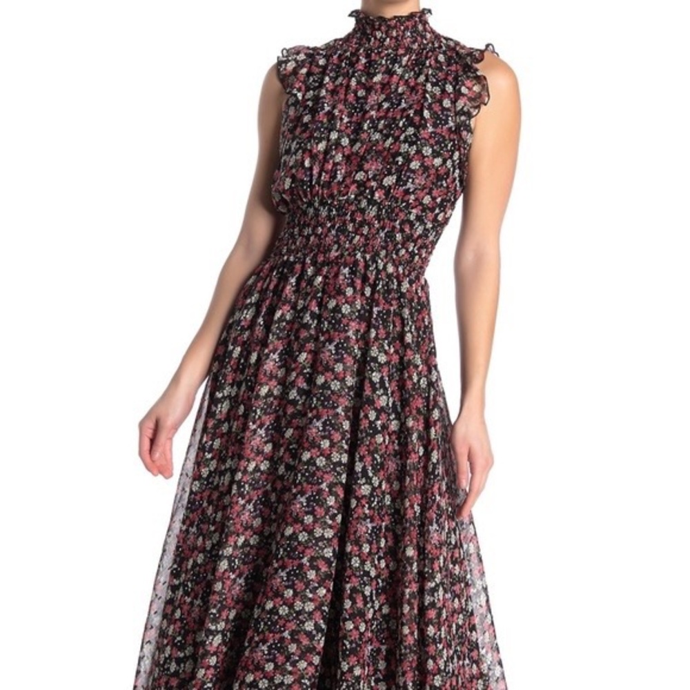 MELLODAY – Smocked Mock Neck Tiered Maxi Dress black floral